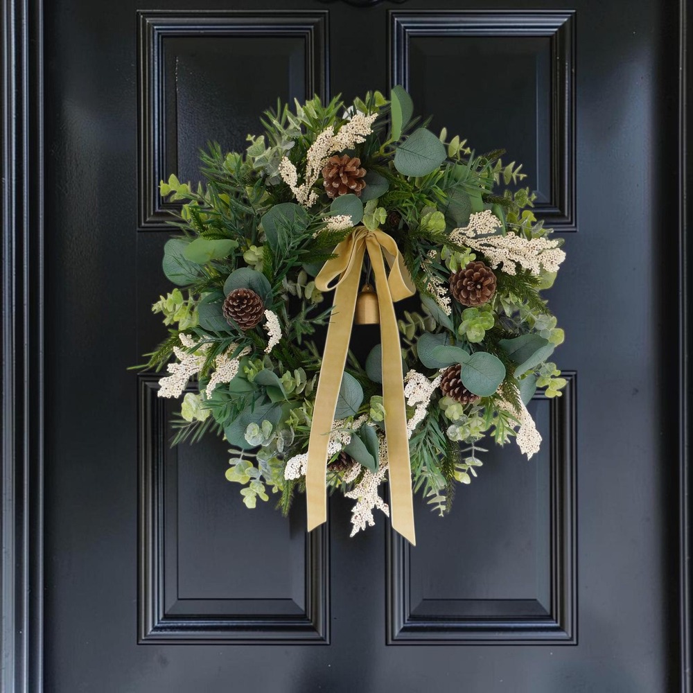 20" Winter Eucalyptus Wreath with Velvet Bow and Bell, Modern Christmas Greenery